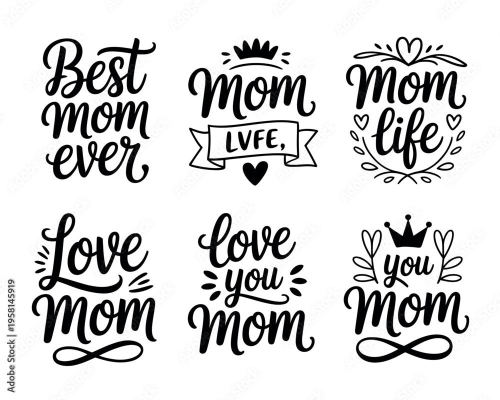 Fototapeta premium A collection of black and white illustrations featuring inspirational quotes and phrases for Mother's Day