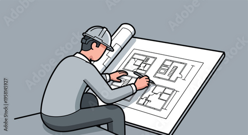 A person in a hard hat works on architectural blueprints with a pen
