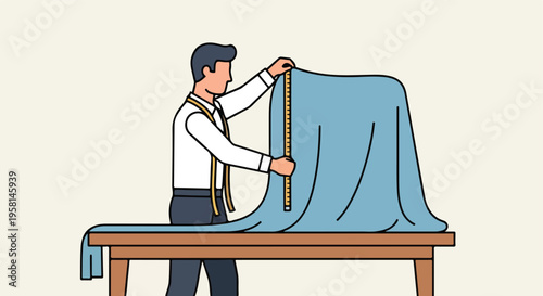 A man measures blue fabric draped over a table with a tape measure