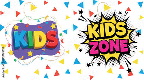 Kids zone colorful text badges with comic explosion and playful abstract shapes isolated on light background for children entertainment and fun design