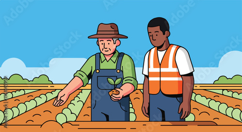 Two farmers, one older in overalls and hat, another younger in vest, planting crops