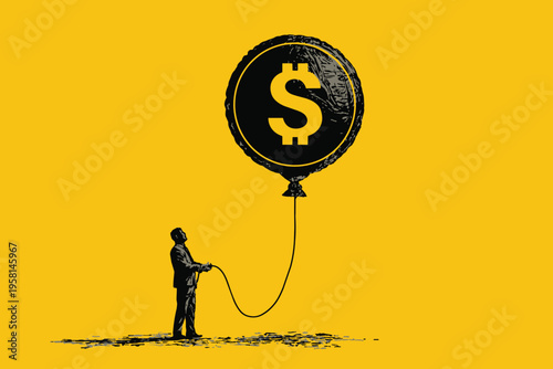 A conceptual vector illustration of a large, coin-shaped balloon about to burst; an illustration of the metaphor of inflation and an economic bubble.