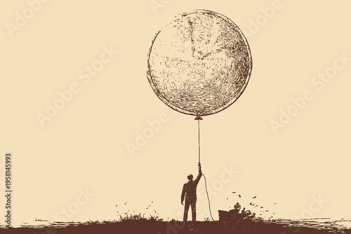A conceptual vector illustration of a large, coin-shaped balloon about to burst; an illustration of the metaphor of inflation and an economic bubble.