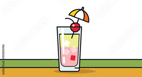 A colorful illustration of a tall glass with ice, two layered drinks, and a cherry with umbrella