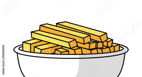 A close-up view of a bowl overflowing with golden, rectangular fried potatoes