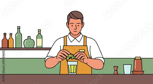 A bartender prepares a drink, garnishing a glass with a lime wedge