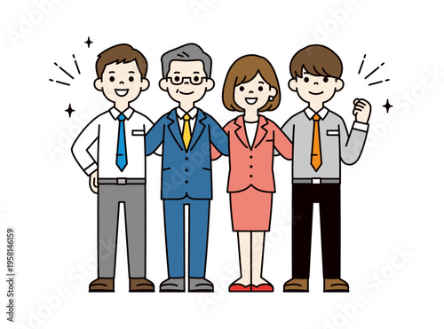 笑顔で肩を組む複数のビジネスマン、社長・同僚・女性社員・秘書の全身ベクターイラスト素材