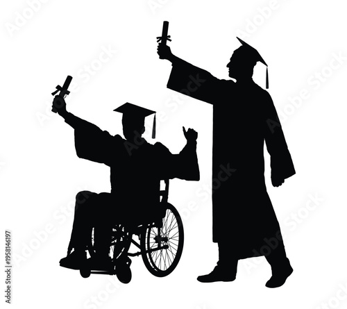 Young man in wheelchair celebrating graduate with college friend black silhouette isolated on white background flat vector illustration.