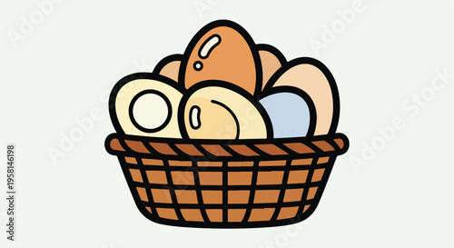 A woven basket overflows with an assortment of pastel-colored eggs, some with playful highlights