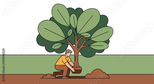 A person plants a tree under a large canopy of leaves