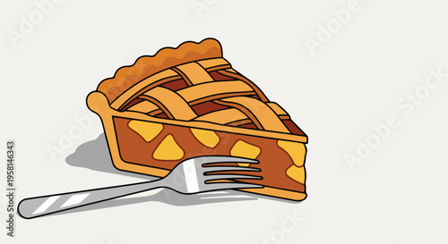 A slice of pie with a lattice crust sits beside a fork