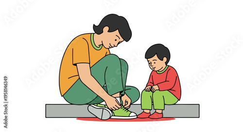 A person helps a child tie their shoelaces, sitting on a ledge outdoors