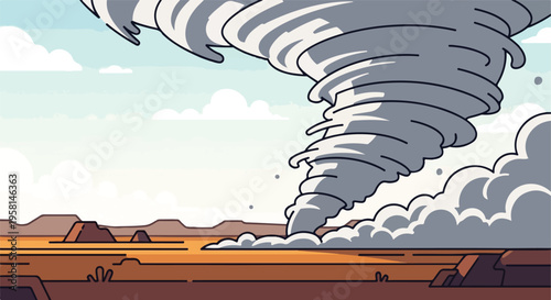 A stylized tornado approaches a barren, dusty landscape under a cloudy sky