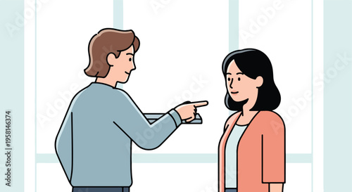 Man points at woman in office setting, communication, discussion