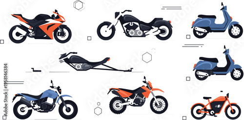 Motorcycles and scooters set with sport bike, chopper, motocross and electric bike cartoon vector illustration