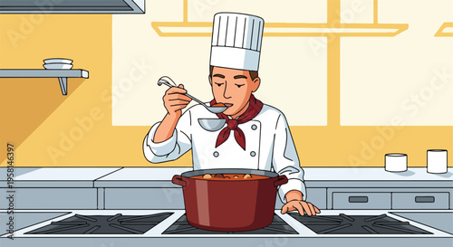 Chef tastes stew from pot with ladle in a kitchen