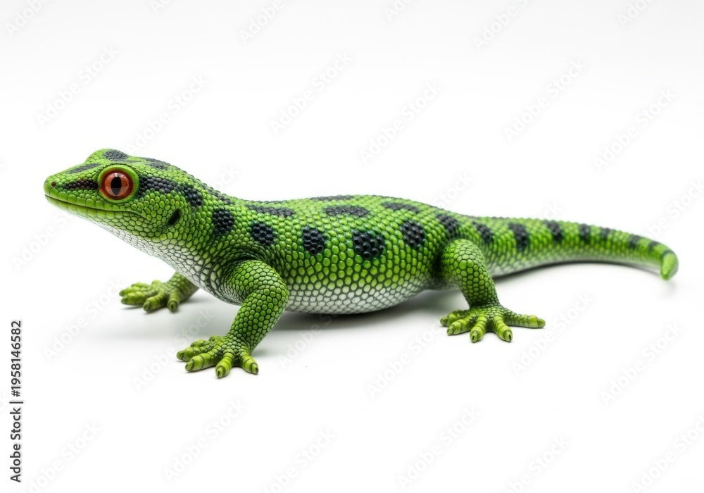Fototapeta premium Green gecko lizard with black spots isolated on white background