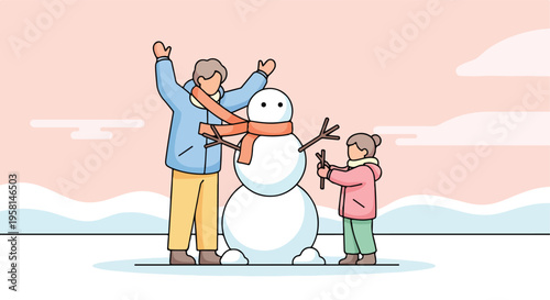 A person and child build a snowman together during winter, with a soft, muted background
