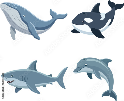 Sea life, marine animals set in flat style isolated on white background. Vector illustration. Underwater inhabitants. Cute cartoon animals collection: shark, whale, dolphin, whale killer.