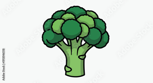 Cartoon illustration of a vibrant green broccoli floret with a thick stem on a white background