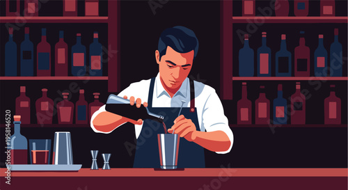 Bartender meticulously mixes a drink behind a bar stocked with bottles