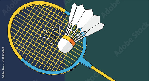 Close-up graphic of a badminton racket striking a shuttlecock in motion