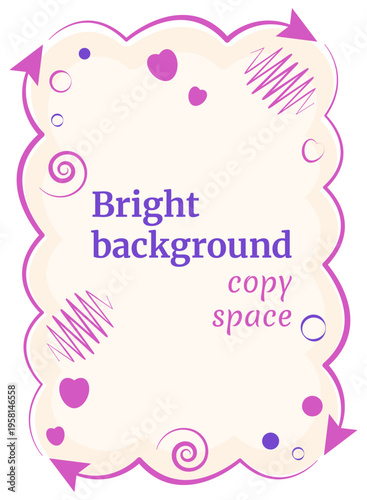 Abstract vertical frame with copy space. Decorative wavy border with pink hearts, arrows, and geometric doodles on light background. Creative banner for social media, greeting card, or announcement