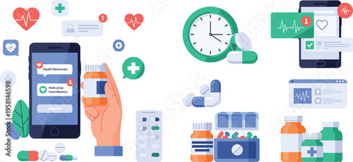Online pharmacy and digital healthcare set with medicine, mobile app and prescription management, telemedicine and medical service vector illustration collection