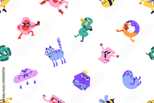 Repeatable pattern of funny characters with different emotions. Endless background of abstract doodle animals, cute faces, flowers, geometric shapes with gestures. Flat seamless vector illustration