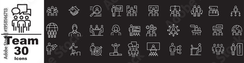 Teamwork Line Icons Set – Business People, Collaboration, Meeting, Leadership, Communication, Office Vector Icons Pack