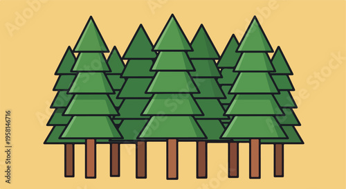 A group of stylized green pine trees stand against a pale yellow background