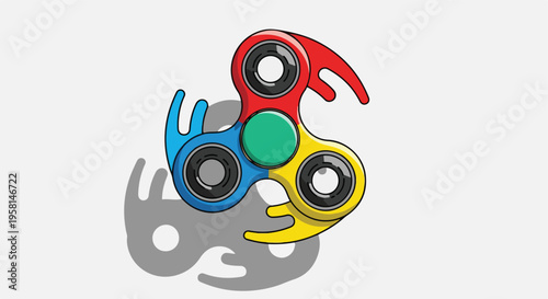 A brightly colored three-pronged fidget spinner toy with a circular shadow