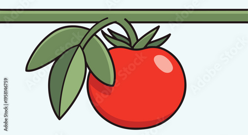 A vibrant red tomato hangs from a green vine with leafy green sprigs