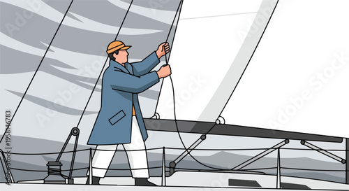 Person on a sailboat adjusting ropes, with sails and rigging visible