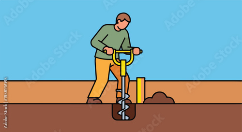Person using an auger to bore a hole in the ground for construction
