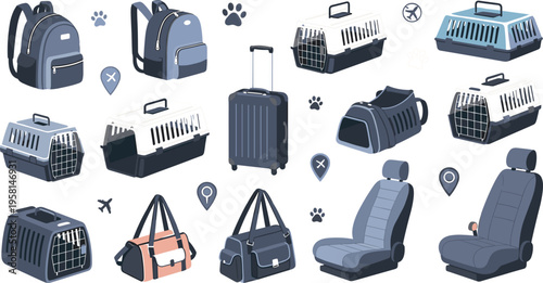 Pet travel accessories set with carriers, bags, backpack and car seats for animals cartoon vector illustration