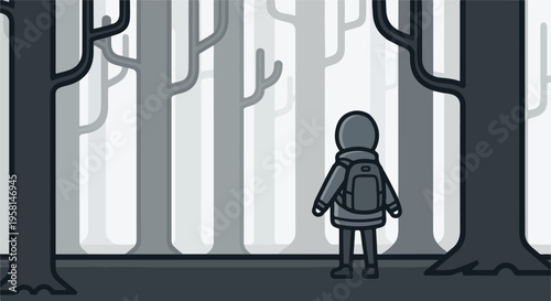 A lone figure in a backpack stands on a path amidst a stylized, monochrome forest