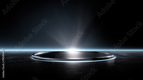 Futuristic circular platform with glowing edge on dark reflective surface, illuminated by dramatic light beam, modern sci fi atmosphere