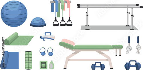 Physiotherapy equipment set with exercise tools, therapy table, resistance bands and weights, rehabilitation fitness cartoon vector illustration collection