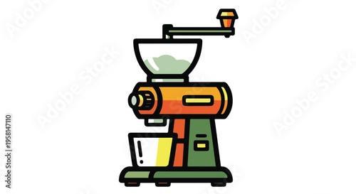 A colorful cartoon illustration of a manual coffee grinder with a crank