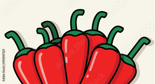 A cluster of vibrant red chili peppers with green stems and a light background