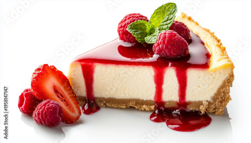 Slice of cheesecake topped with fresh strawberries and raspberries. Red fruit topping drips over cream cheese dessert on white background. Delicious sweet baked goods