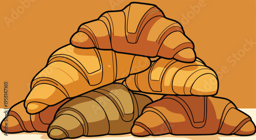 A pile of golden brown croissants stacked on a light surface, against an orange backdrop