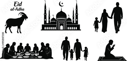 Eid al-Adha silhouettes, goat sacrifice, mosque architecture, family togetherness, communal meal, prayer mat worship, crescent moon celebration, Islamic holiday illustration