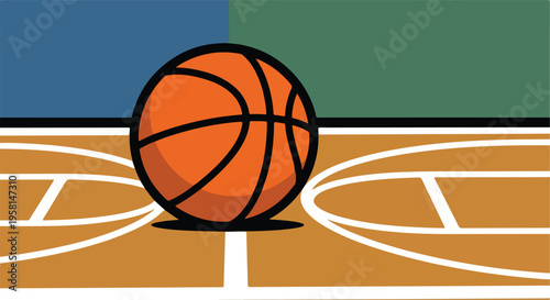 A stylized basketball rests on a court with blue and green background sections