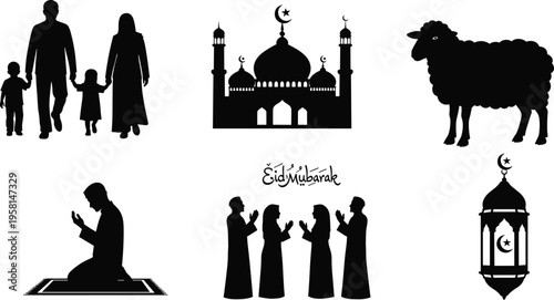 Eid Mubarak silhouettes, mosque crescent domes, family togetherness, sheep qurbani sacrifice, prayer mat worship, festive lantern, greeting celebration, Islamic holiday
