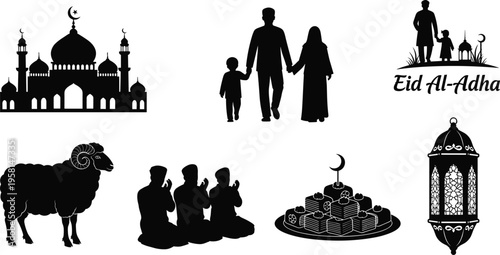 Eid al-Adha silhouettes, mosque domes minarets, family togetherness, sheep sacrifice, communal prayer, festive lantern, sweets plate, crescent moon celebration