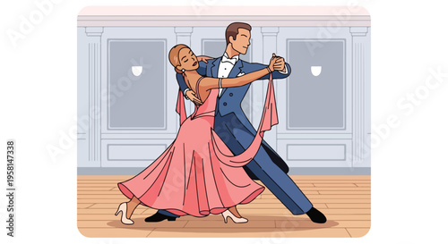Elegant couple performs a ballroom dance in a grand hall