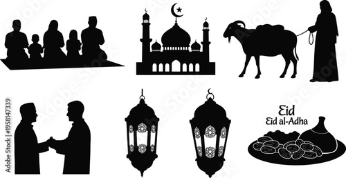 Eid al-Adha silhouettes, mosque crescent star, family prayer, goat sacrifice ritual, festive lanterns, food plate dates, Islamic holiday celebration
