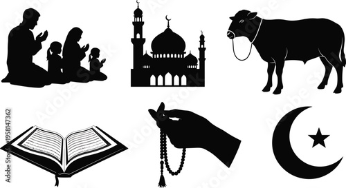 Eid al-Adha silhouettes, mosque crescent minarets, family prayer, cow sacrifice ritual, Quran reading, prayer beads, festive lantern, Islamic celebration